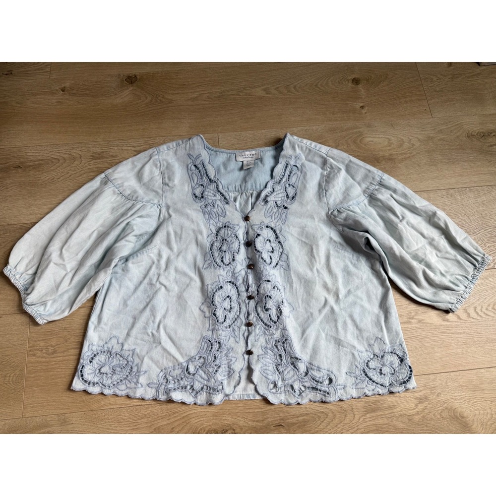 Calypso St. Barth Women's Size L Light Blue Embroidered Blouse Button Front